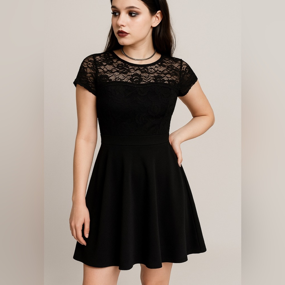 VTG I.N. San Francisco Fit & Flare Y2K Whimsigoth Dress XS (7) Black Lace Punk